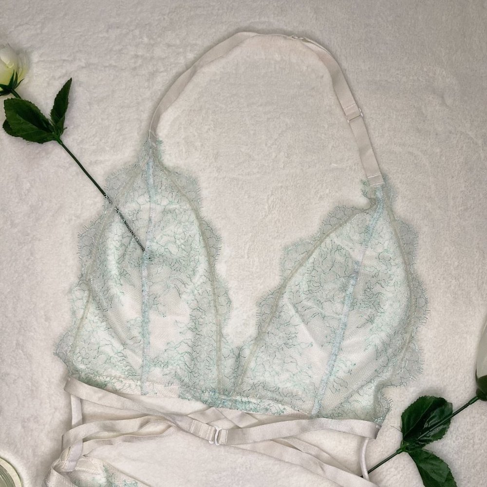 Victoria's Secret White And Light Blue Halter Neck Lace Teddy Lingerie - Picture 8 of 8